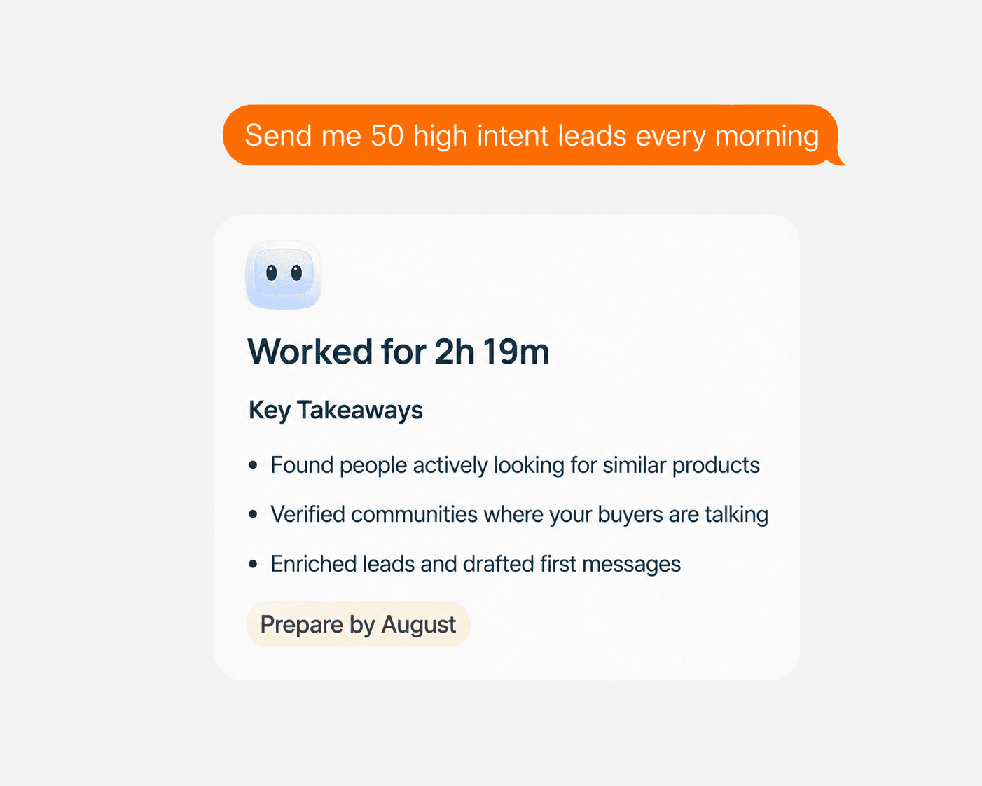 August AI autopilot workflow command center completing market research, lead lists, account scoring, outreach drafts, follow-ups, and approval
